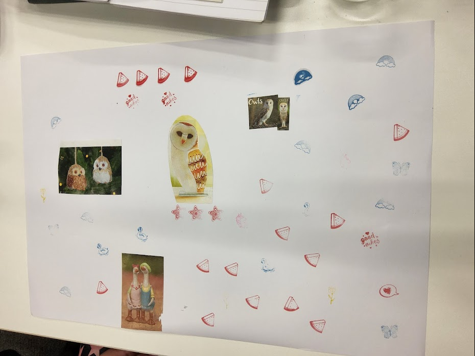 Poster collage with owls and stamps