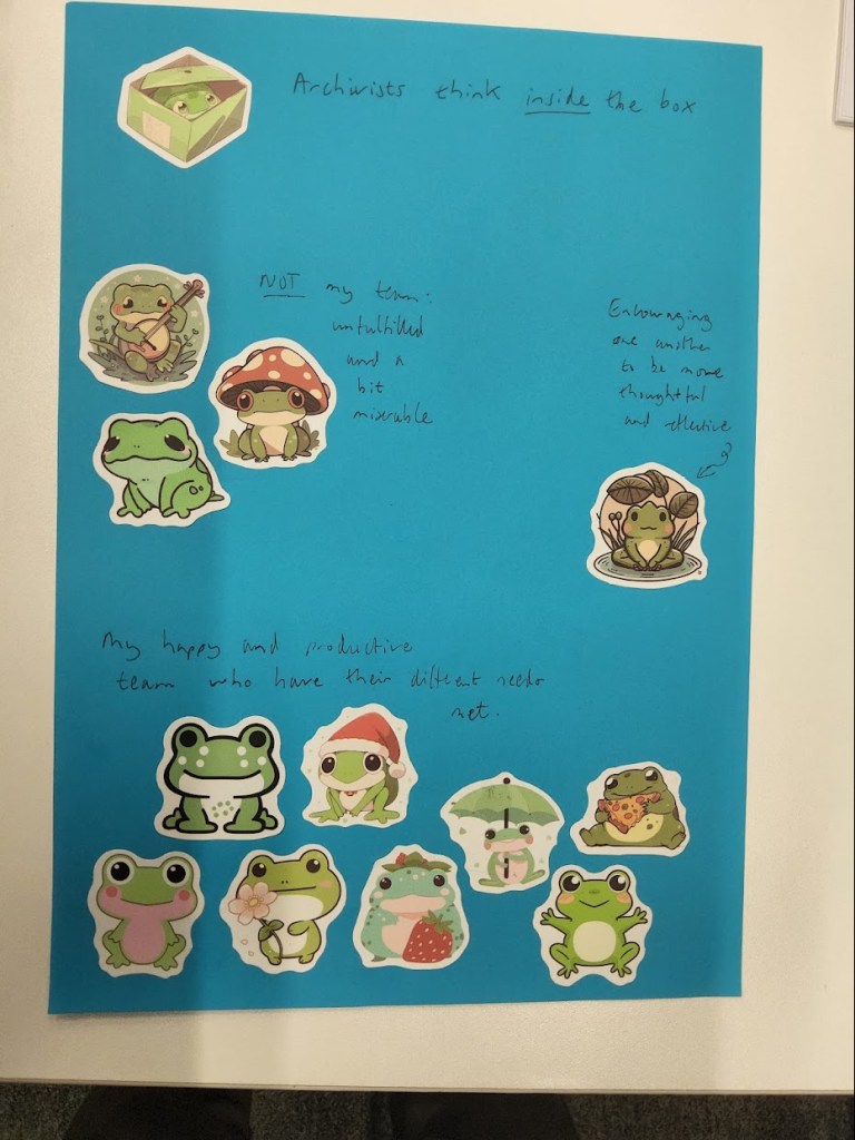 Poster collage with frog stickers 'archivists think inside the box'