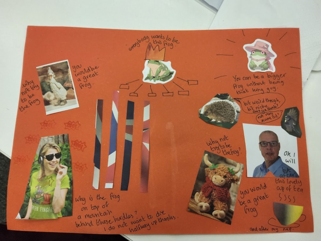Poster collage 'everybody wants to be this frog' 'why not try to be the frog, you would be a great frog'